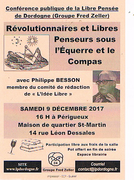 9 décembre 2017 : conférence “Révolutionnaires et Libres Penseurs sous l’équerre et le Compas”