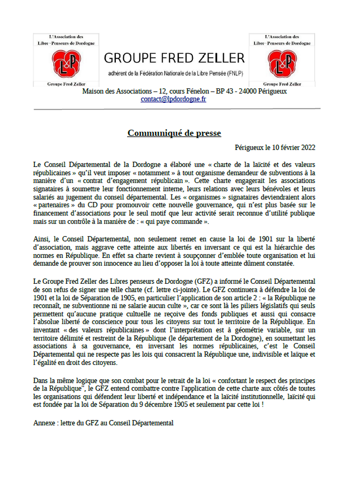 Communiqué du groupe Fred Zeller sur la charte de la laïcité du Conseil départemental de Dordogne